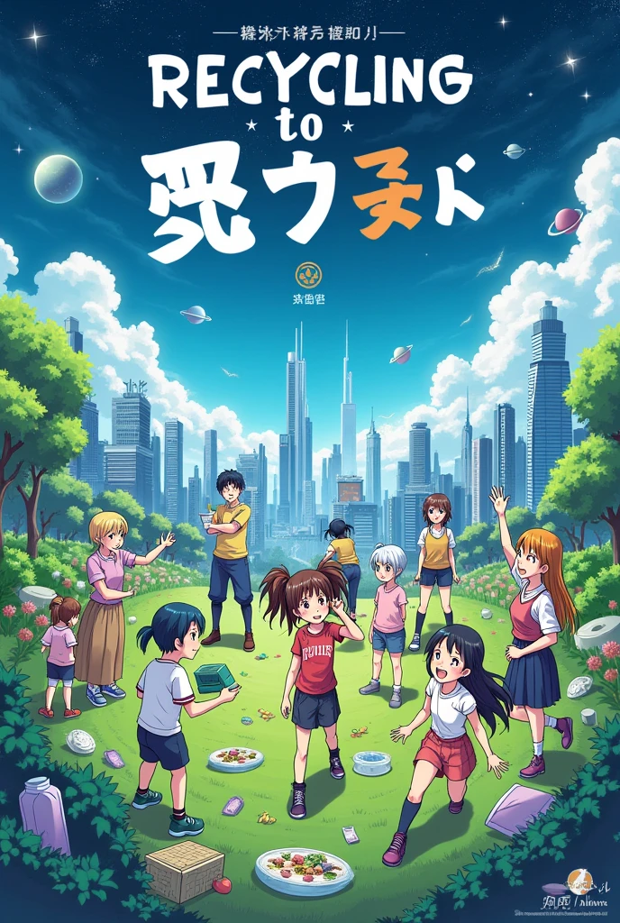 Generate a poster on importance Of recycling with many illustrations and make it anime style with space to write points
