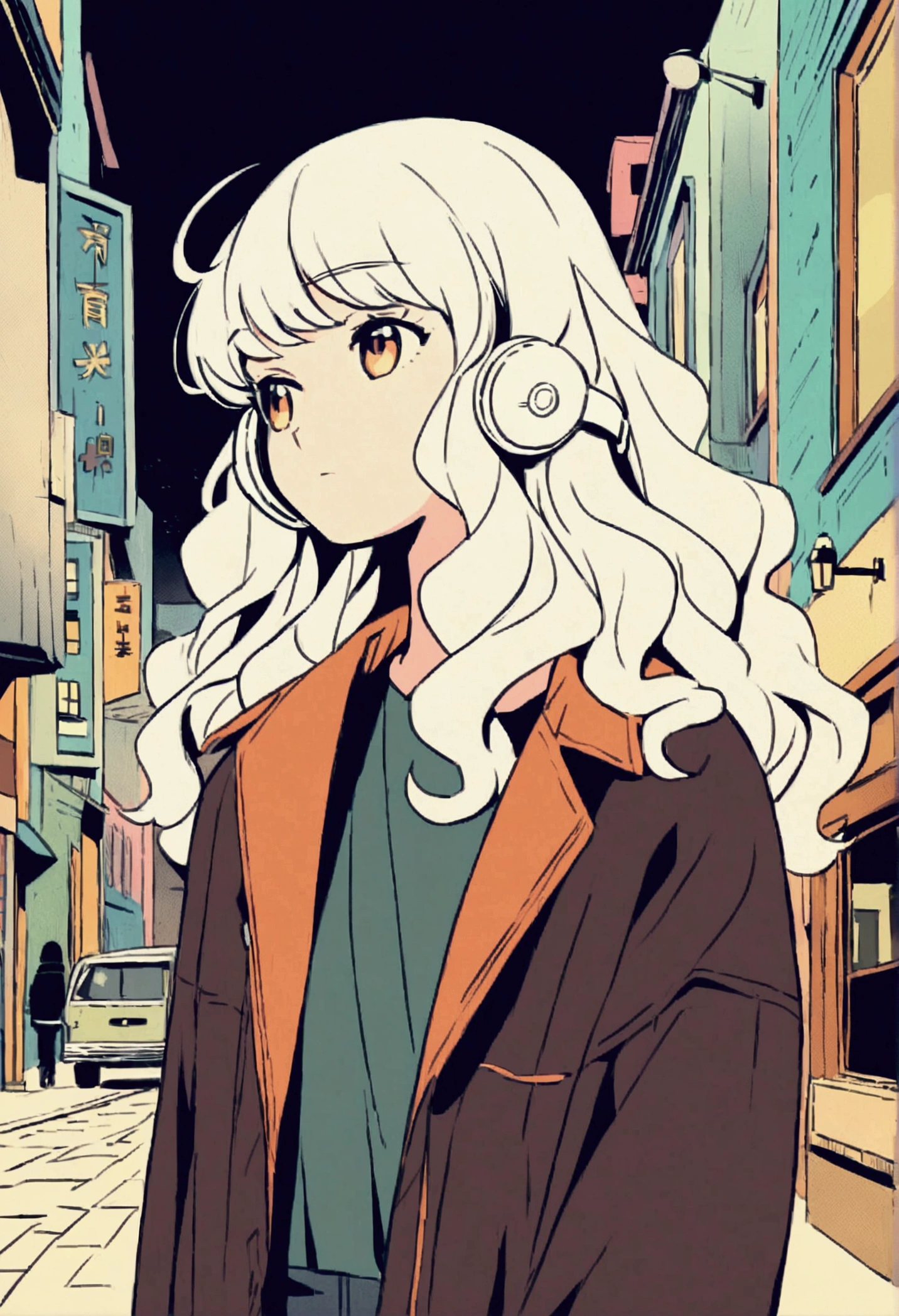 City、Anime-style illustrations. he長い間, She has light wavy hair and is wearing headphones. he、Dressed casually with a dark shirt and loose coat over his clothing。. Street view Beautifully drawn, With minimalist lines. The overall color scheme is soft and dark.,More white gives the image a calm, relaxing feel."play piano Ghibli Studio Style Retro