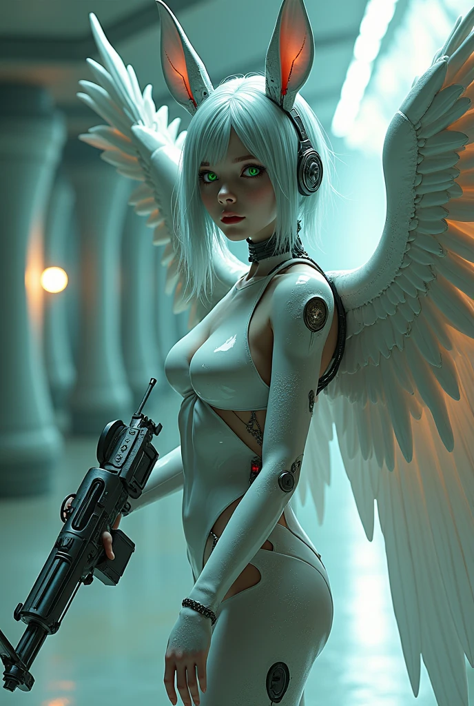 (extremely detailed CG unity 8k wallpaper),(masterpiece), (best quality), (realistic), cyberpunk, angel, white hair, ponytail, darkness, nsfw, angel wings, night, cyberpunk outfit, neon lights, flying, beautiful and detailed lighting, shadows, shallow depth of field