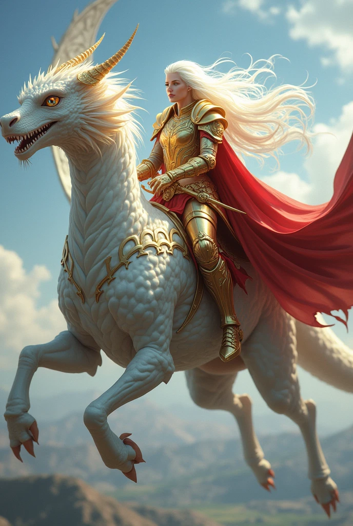 Paladin in gold and red armor with long white hair flying on top of a white dragon with gold and blue eyes 