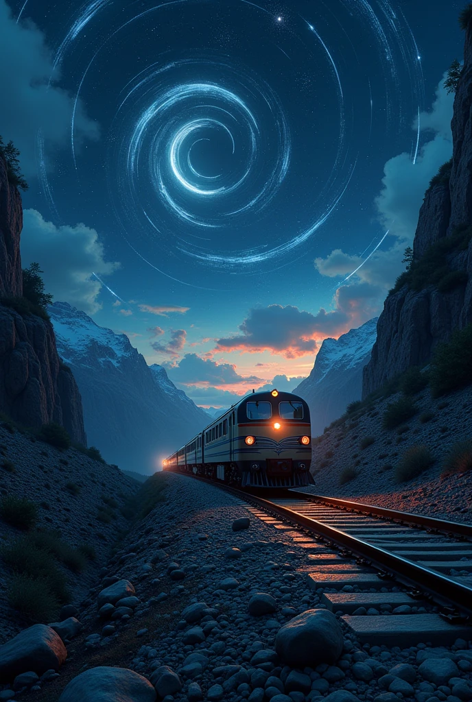 Absurd, High resolution, Super detailed, beautiful, masterpiece, Highest quality、reflection、Realな質感、Realistic、Real、Realistic、Blur、train、Running along the tracks、spiral line、Night Sky、Light、Starry Sky、