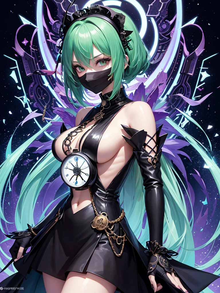 Waifu trading card back design, mysterious girl with green hair, wearing a black mask with a question mark, holding pocket watch and tarot cards, kind and gentle expression, vibrant and abstract background, intricate details, sharp and dynamic, vibrant colors, high contrast, fantasy anime style, sharp lines, neon accents, elegant composition
