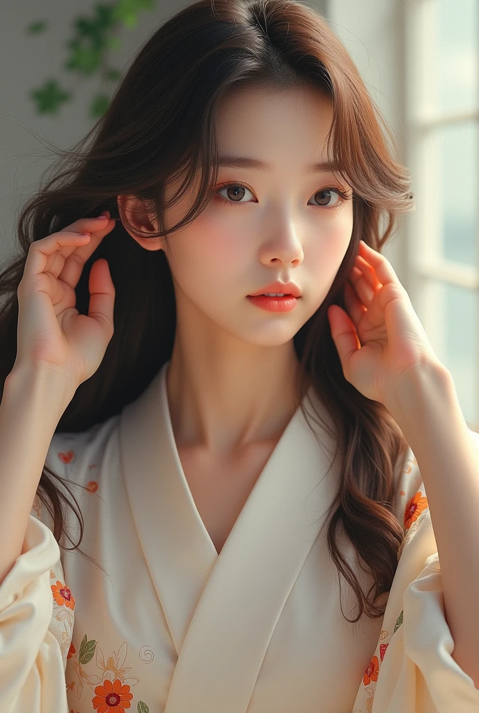 Similar to Japanese actress Kyoko Fukada Brown hair slightly longer than shoulder length、Hold your hair back with your hands、I'm looking back at this、Wearing a Japanese-style yukata、The neck is beautiful、