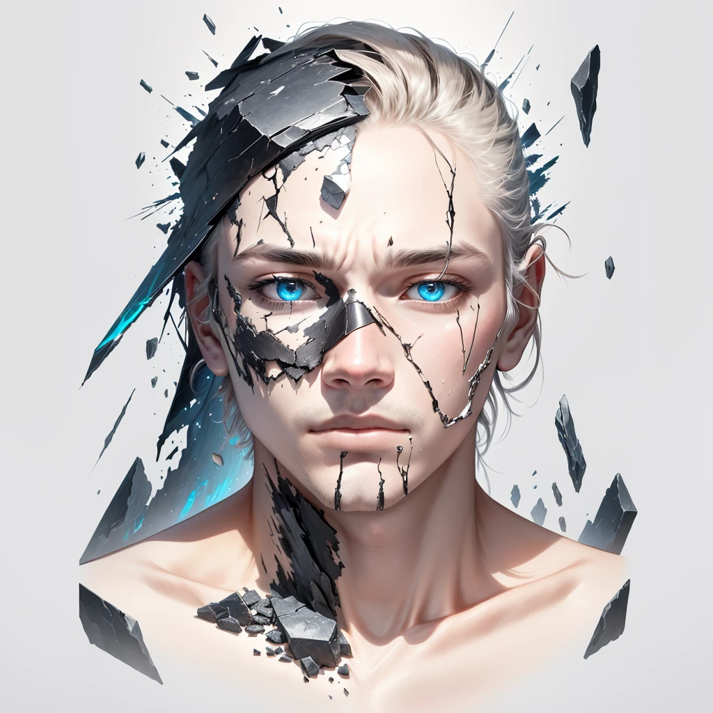 a drawing of a man's face with broken glass on it, stone face, face melting into the universe, sunken face, finely illustrated face, broken mask, decaying face, stylized face, cracked porcelain face, face melting, solemn face, deformed face, a face, detailed face with mask, shattering, crystal face, weathered face, A face with a mask breaking into pieces, revealing hidden emotions beneath the surface.