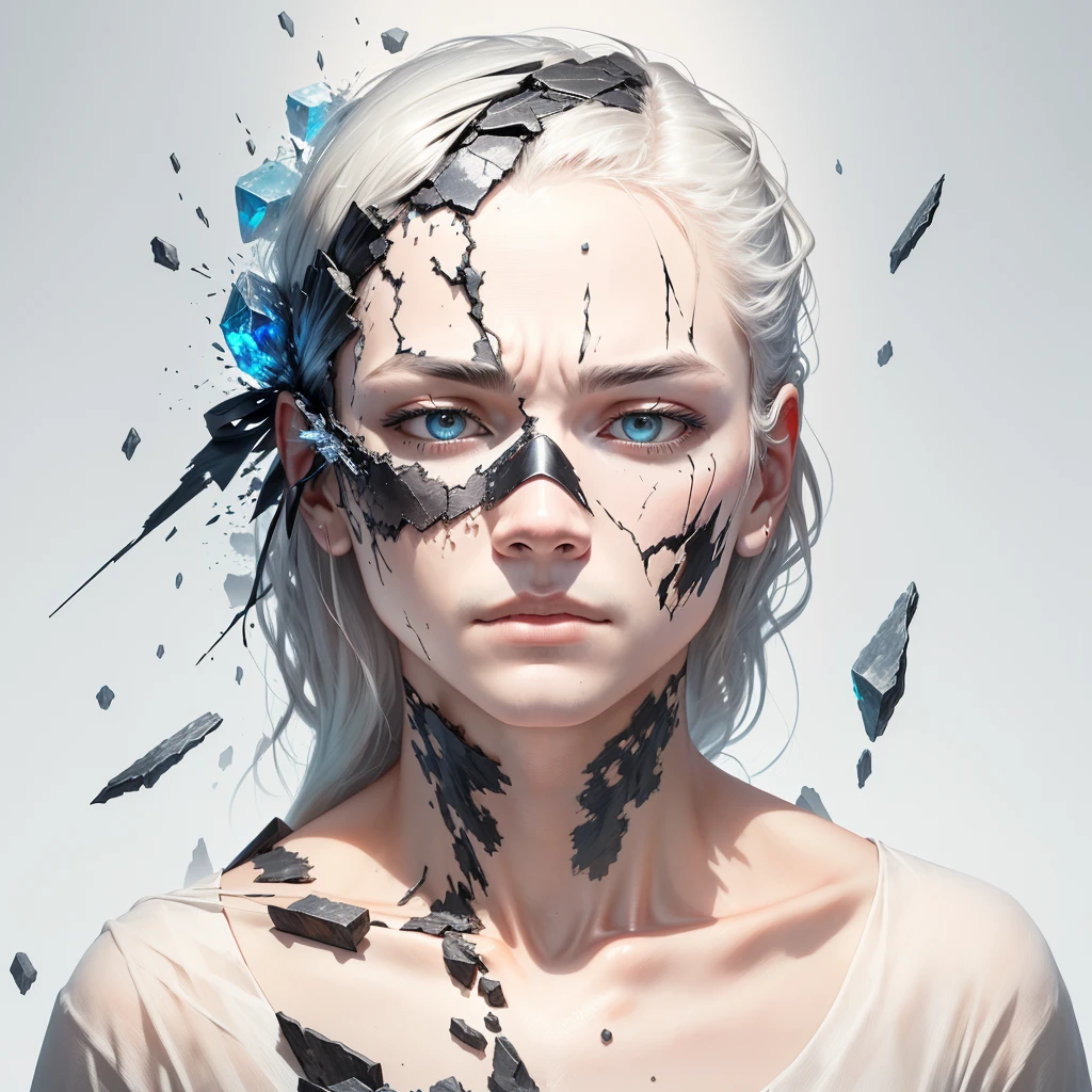 a drawing of a man's face with broken glass on it, stone face, face melting into the universe, sunken face, finely illustrated face, broken mask, decaying face, stylized face, cracked porcelain face, face melting, solemn face, deformed face, a face, detailed face with mask, shattering, crystal face, weathered face, A face with a mask breaking into pieces, revealing hidden emotions beneath the surface.