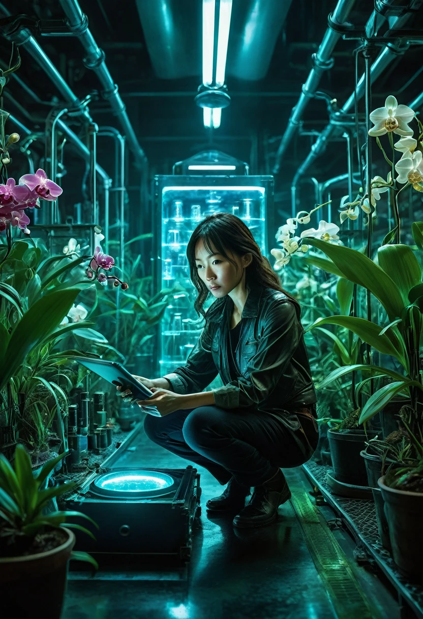 Genius botanist lady Misaki crouching behind an elaborate metal device, holding a tablet with incriminating data, and in her other hand a weapon she holds a standard flashlight, A futuristic secret laboratory, rows of glowing cylindrical containers filled with rare orchids, bioluminescent plants emitting an eerie blue-green light, Alarms blinking red, steam hissing from pipes, floor reflective, holographic display showing molecular structure of plants, vial of liquid glowing in foreground, exit sign illuminated in distance, cinematic action scene composition, saturated colors, lens flare, ultra-detailed, intricate detail Highly Detailed Eyes, Faded, 16K resolution, RAW, Nikon Z9, Creative, Masterpiece, Fantasy, High Definition, High Quality, 8k, Realistic, Dramatic Lighting, Soft Focus, Digital Illustration, Intricate Mechanics, Advanced Techniques, Dark Background Cinematic, High Contrast, High Contrast Atmosphere, (Best Quality, 4k, 8k, High Definition, Masterpiece: 1. 2), Ultra-Detailed, (Realistic, Graphic, Photorealistic: 1. 4) -- No Glass --AR 16:9 --Stylize 1000