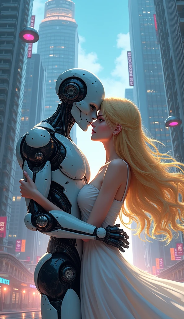 Anime couple hugging in a futuristic city, Written by Lu Ji, Warlop Painting Style, art of Wlop, From wlop, by Tandy, アーバンファンタジーRomanceの本の表紙, Uropa Art, By An Zhengwen, cgsociety 9, by Li Di, by Yao Tingmei, Artgerm and Ilya Kusinov, Sleep with love、A blonde long-haired robot man and a human woman making love、Romance