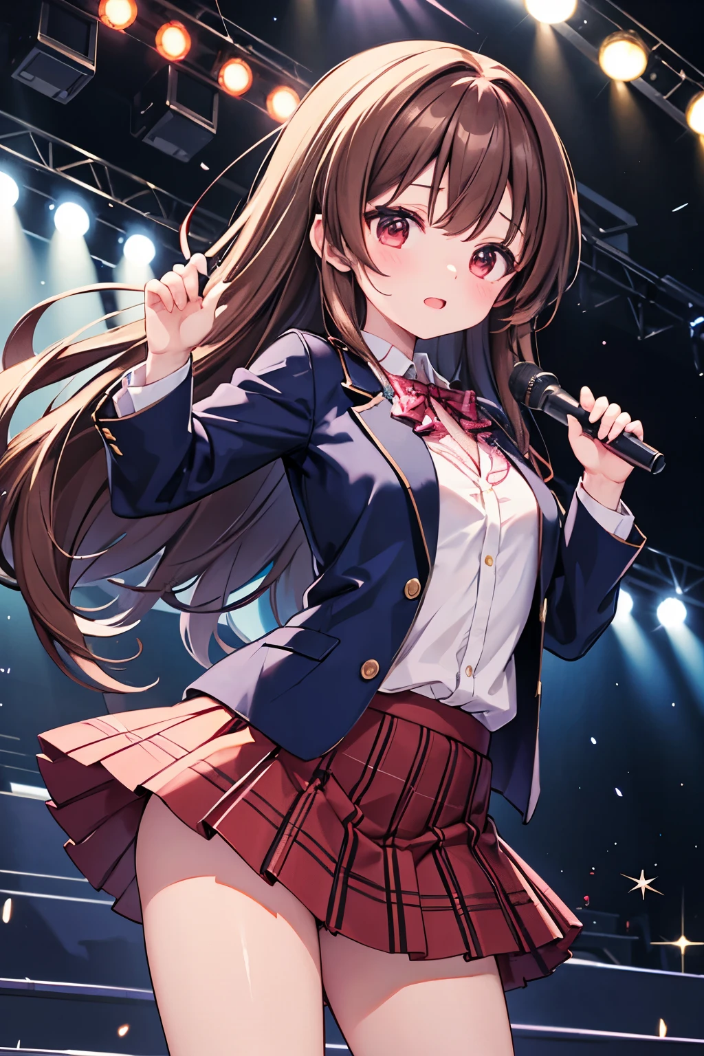Long brown hair fluttering in the wind Beautiful woman Beautiful woman Japanese beauty Looks like an idol Ribbon on the chest Navy blue blazer Red checked skirt On stage Seven-colored spotlights Spotlights moving Japanese idol group AKB48 Heavy Rotation Cute Group of cute girls Dancing animeStyle anime Anime art