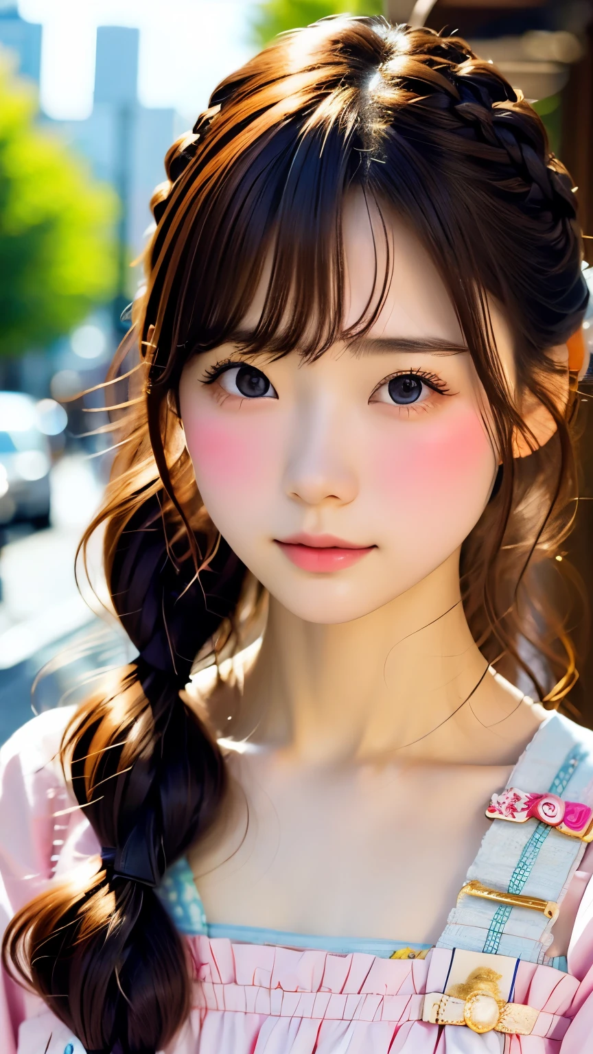 masterpiece、Highest quality、Film Grain、RAW Photos、One Woman、Cute even without makeup、Malaise、alone、Cute eyes、Insane beauty、Red cheeks and nose、very cute、Random hair color、French Braid、Small breasts、Nice outfit、Cute clothes、Blurred Background、