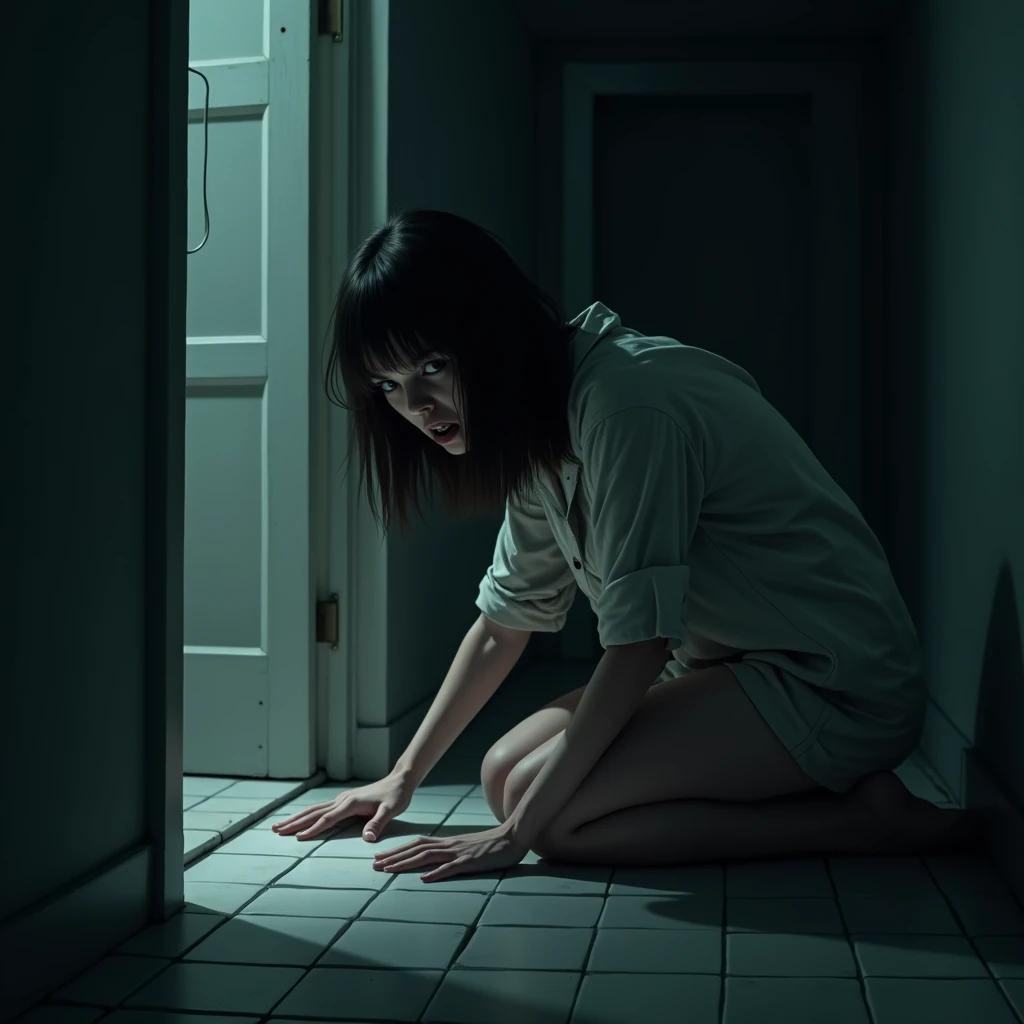 A pale skinned brunette woman, with straight and disheveled hair, of approximately 1,65m tall, is kneeling on the cold floor of a dimly lit bathroom. She wears simple pajamas, but visibly dirty, as if it had been used for days. The dim light of the room barely illuminates her wide eyes and her face contorted in fear.. With trembling fingers, she slowly lowers her head, trying to peek under the door, where a thin line of light shines sinisterly. Your heart races as you hear soft footsteps on the other side..
