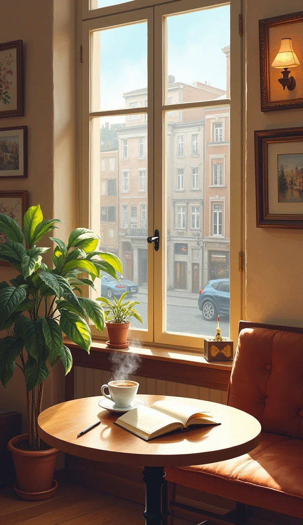 This painting depicts the interior of a warm and cozy cafe。In the center of the picture is a small round table,There is a cup of hot coffee on the table,Exudes a charming fragrance under the gentle light。
An open book lies next to the table,and a fine pen,Create a leisurely and quiet atmosphere。You can vaguely see the city streets outside the window,The sky is slightly blue,Through the hazy morning light。
The entire space is dominated by warm brown tones,Pair with light-colored wooden furniture,Create a comfortable European cafe style。There are several exquisite watercolor paintings hanging on the wall,Exudes a poetic and artistic atmosphere。
There is a pot of green plants placed in a small corner by the window.,Showing a fresh and elegant posture under the sunlight。The light coming in from the window is soft and layered,Casts fascinating light and shadow changes on desktops and walls。
The whole picture creates a warm and comfortable feeling、Laid back and peaceful atmosphere,Give people a relaxing mood、Immerse yourself in the feeling。The aroma of coffee intertwined with the aroma of books,Presenting a poetic and romantic quality of life。