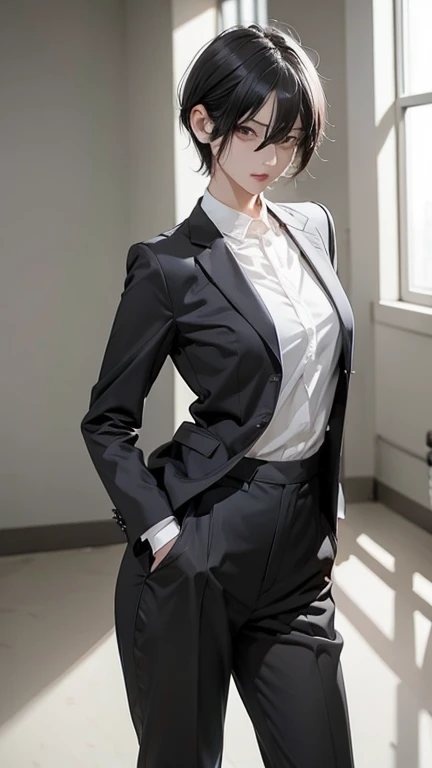 naked、nude、older sister、cool、slender、Black Hair,、Short Hair、In a suit、pants、breast enhancement
