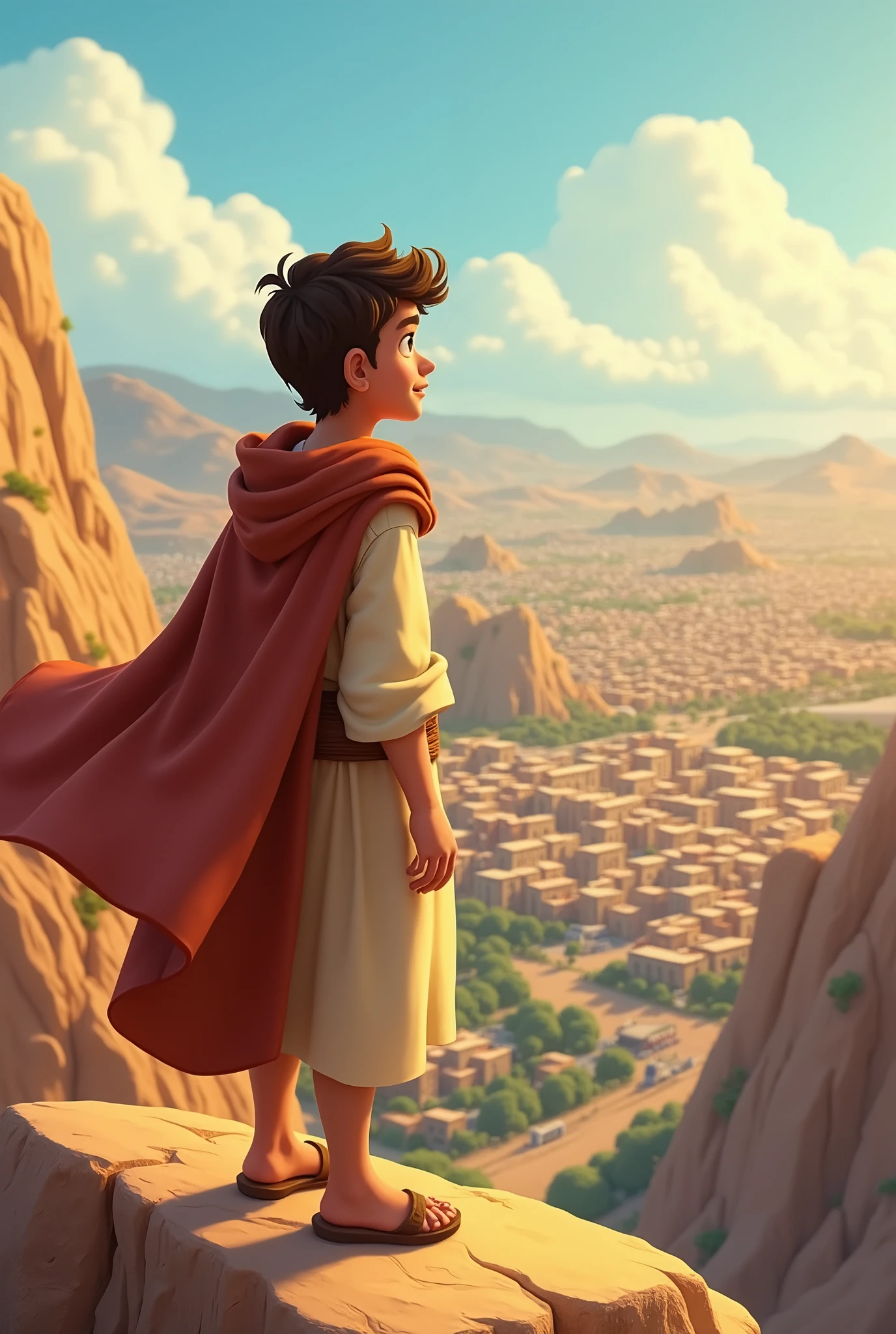 Young Moses looking out over the city of Midian from a hill, animated cartoon 