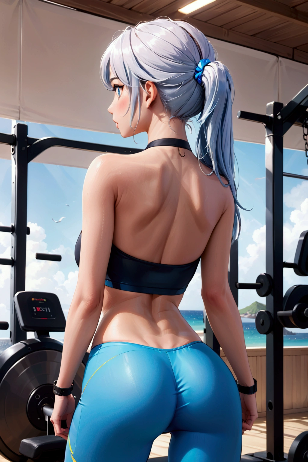 fit woman wearing a black top and blue leggings in a gym, rear view. parrot, from behind, toned backside, back - shot, Photo taken from behind, From the side, 🤬 🤮 💕 🎀, view from behind, long shot from behind, shot from behind, rear shot, coast pose