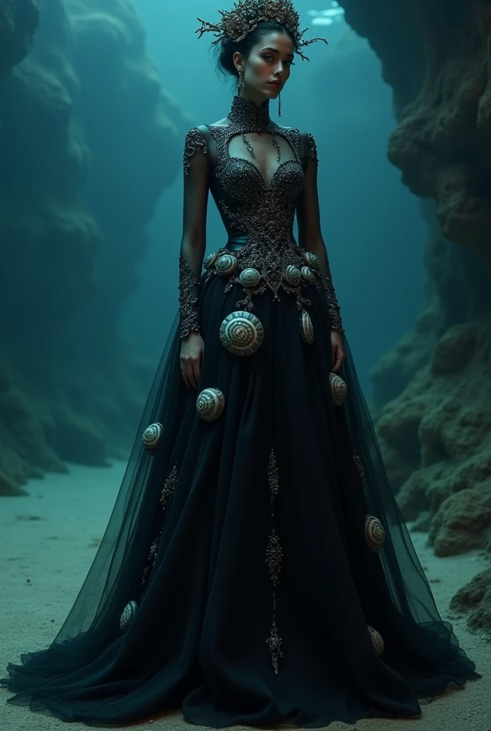 Long black leather and tulle dress with shells, snails and bioluminescence