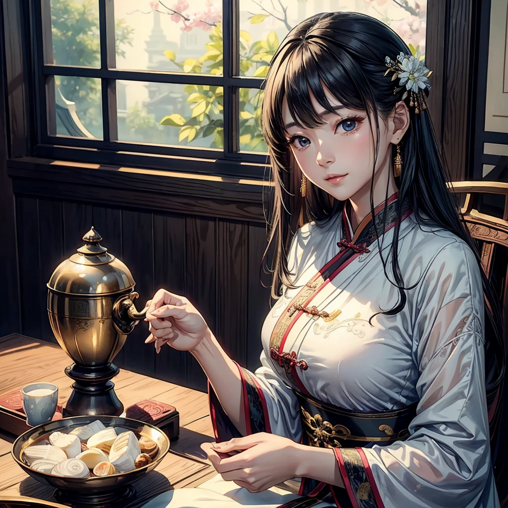 masterpiece、Highest quality、High resolution、8k、Ray Tracing、Detailed people、Detailed Yin、Two Women、Black Hair、Han traditional costume、Beautifully detailed clothing patterns、High-status clothing、Beautiful Face、god々Smile、Sit at a table with tea and sweets、(Very beautiful mother-of-pearl work、Beautifully detailed porcelain)、 Scroll、Luxurious traditional Chinese room、god秘的な昼間の景色、
