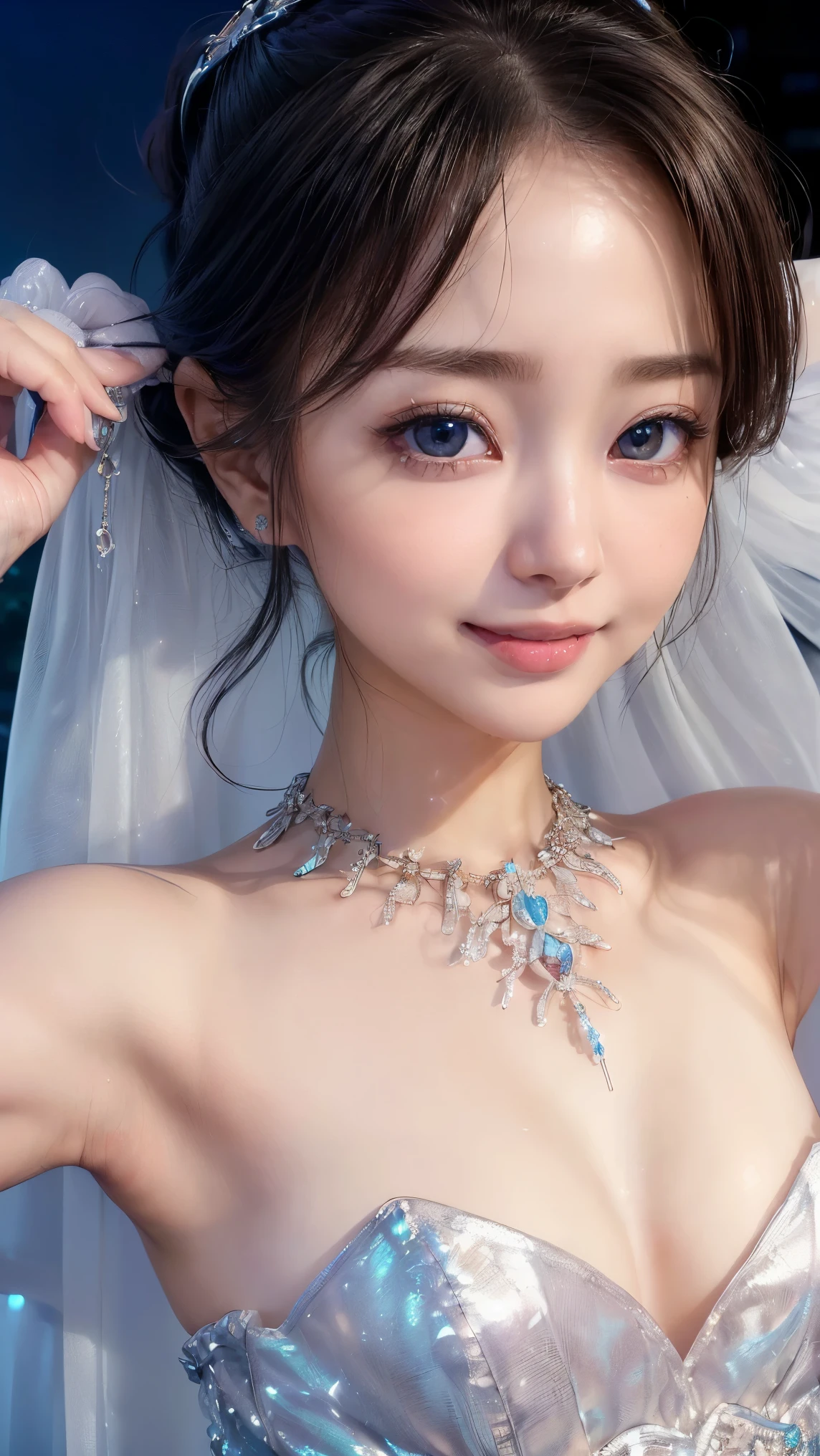 (4k quality:1.3),(Highest quality:1.3),(Whitening:1.4),(Baby Face,Girl:1.3),(The best beauty:1.5),rich,Upper Body,smile,(Shiny strapless bejeweled dress:1.3),Overflowing breasts,(jewelry),Captivate a man,Cleavage,(Super Celebrities:1.5),(Supermodel:1.4),(Whitening:1.2),(Tight waist:1.4),(Night viewの良いホテル:1.1),(luxury:1.2),(Arisa Hanyu:1.5),(anorexia:1.4),(Night view:1.3),(Face close-up),Catchlight,(Child's face:1.6),(smile:1.1),(Light blue hair:1.3),(Half Up Hair:1.3),(Light blue eyes:1.4),(2D cuteness:1.5),(Cute Makeup),Beautiful fingertips,(Sexy and cute:1.6),(Luxury hotel:1.6),(White Gal:1.6),(Transparent white skin:1.4),(albino:1.5),(Lighting hits the subject:1.3)