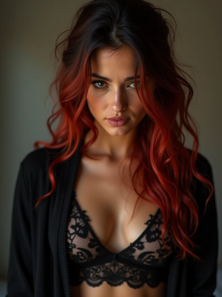 drop dead gorgeous girl, looking downwards, 1, German and Mexican mix, wearing black lace lingerie, wearing a cotton cardigan flat chest, long wavy red hair with black highlights, twisted half-up half-down, seductive facial expression, looking downwards