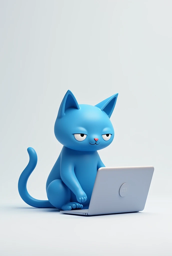 blue cat with laptop minimalism, icon, flat 2.5D,