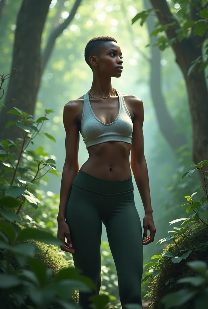 young black woman, short black military buzz cut, dark and well tanned skin, wearing a see through white crop top aandyoga pants, in the background an enchanted mystical forrest 