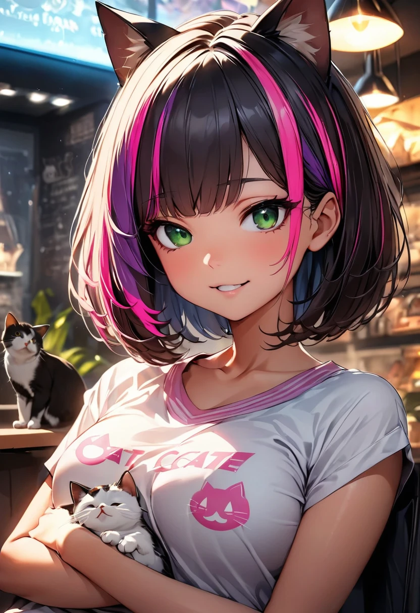 ((highest quality:1.2, Very detailed, up to date, Vibrant, Ultra-high resolution, High Contrast, masterpiece:1.2, highest quality, Best aesthetics), Portraiture、girl、solo, (25-years-old:1), slim, heterrochromia, green eye, red eye, Bright colors、Beautiful fine details、Beautiful lip detail、extra short hair, ((bob cut:1.5))、pink and purple, ((streaked hair:1.9)), (highlights hair: 1.6), (medium breast:0.7), (tan skin:0.5), (wear cat ears:2), (sitting in pet Cafe:1), many cats background, (holding cat in chest:1), pink V-neck shirt, jeans shorts, open smile:1.6, upper body