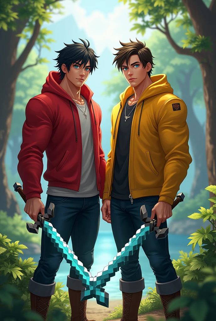 Hair : Black
Eyes: blue
Oufit:red for first guy and yellow for second guy jacket or hoodie
Pose: holding Minecraft sword 2 big boy in one frame
Background: nature