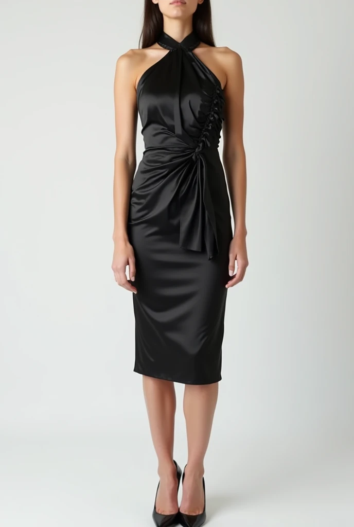 Create an image of a sophisticated black dress designed for a formal setting. The dress should have a sleek, body-hugging silhouette that reaches the knees. The material should be a shiny, luxurious fabric like satin or silk, giving the dress an elegant sheen. The dress should feature decorative ribbon-like elements made from the same material, randomly placed across the dress to add texture and movement.
The neckline should be high, covering the collarbone, while the shoulders are exposed, adding a touch of modernity to the classic design. The model in the image should wear pointed black high heels to elongate the legs and complement the dress. The background should be simple and clean, allowing the focus to remain on the dress’s design and details. Ensure the overall aesthetic is refined and chic, suitable for a fashion lookbook or an online store display.
This description should guide the AI to generate an accurate representation of the outfit while highlighting the key design elements.