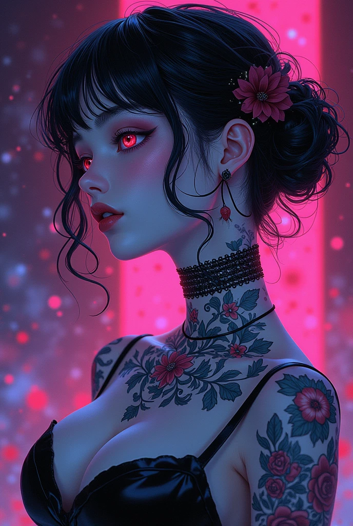 A stunning anime girl with an intricate floral tattoo on her neck, exuding elegance and beauty.,in the style of neon realism, dark pink and light black, gothic art nouveau, anime-inspired character designs, dark white and indigo, bold yet graceful, cyberpunk manga, detailed costumes