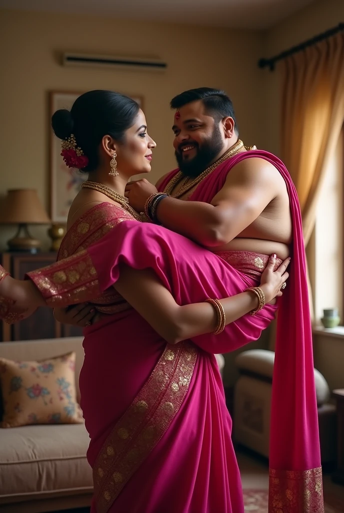 Beautiful indian woman in dark pink saree lifting and picking up a chubby man in her arms in a room