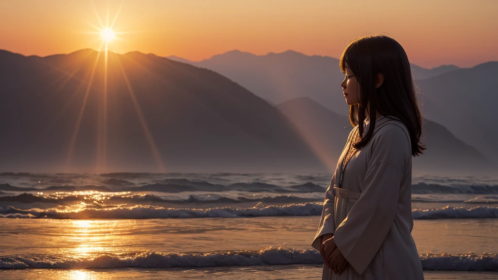 "Hope at dawn": A person in prayer at dawn, with sun rays illuminating their face, symbolizing renewal of faith.