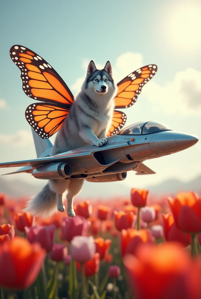 A husky with butterfly wings on a jet floating in a tulip field 
