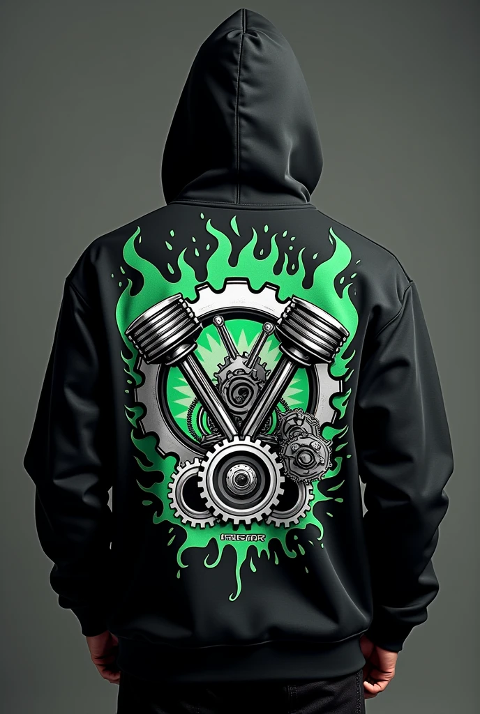 Back of a black oversized hoodie, with a cartoon-style print featuring engine pistons, fire and gears in white, green and gray starting from a gear in the center with the writings: mechanical engineering and UTFPR.