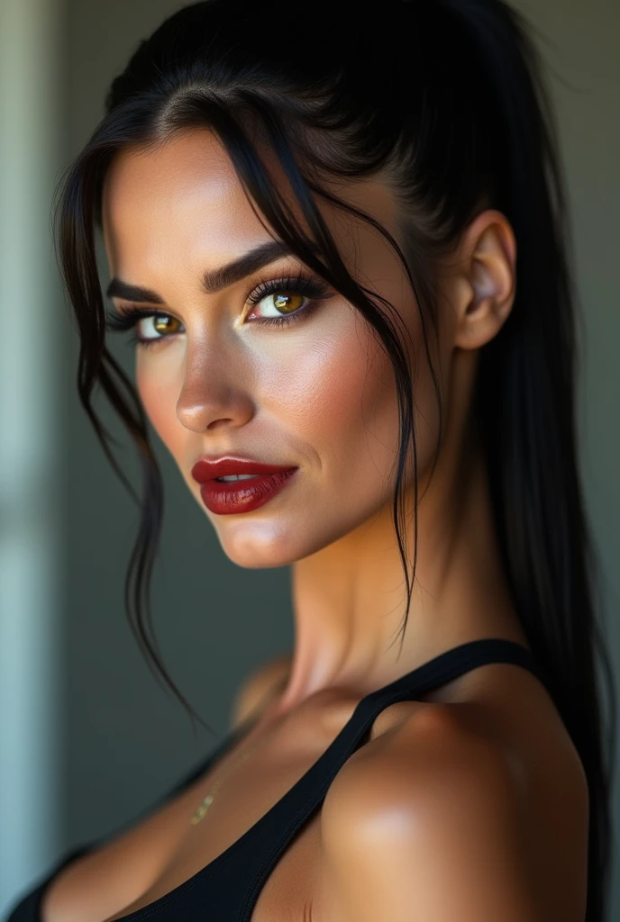 close-up, extreme close-up, close-up portrait, portrait, ultra realistic, photography, long black straight hair in a ponytail, elegant hair, (30 years old, hazel eyes, hourglass figure, perfect fit body, natural big breasts), firtatious look, crimson red lipstick, femme fatale, long eyelashes, cat-eye make-up, sportbra