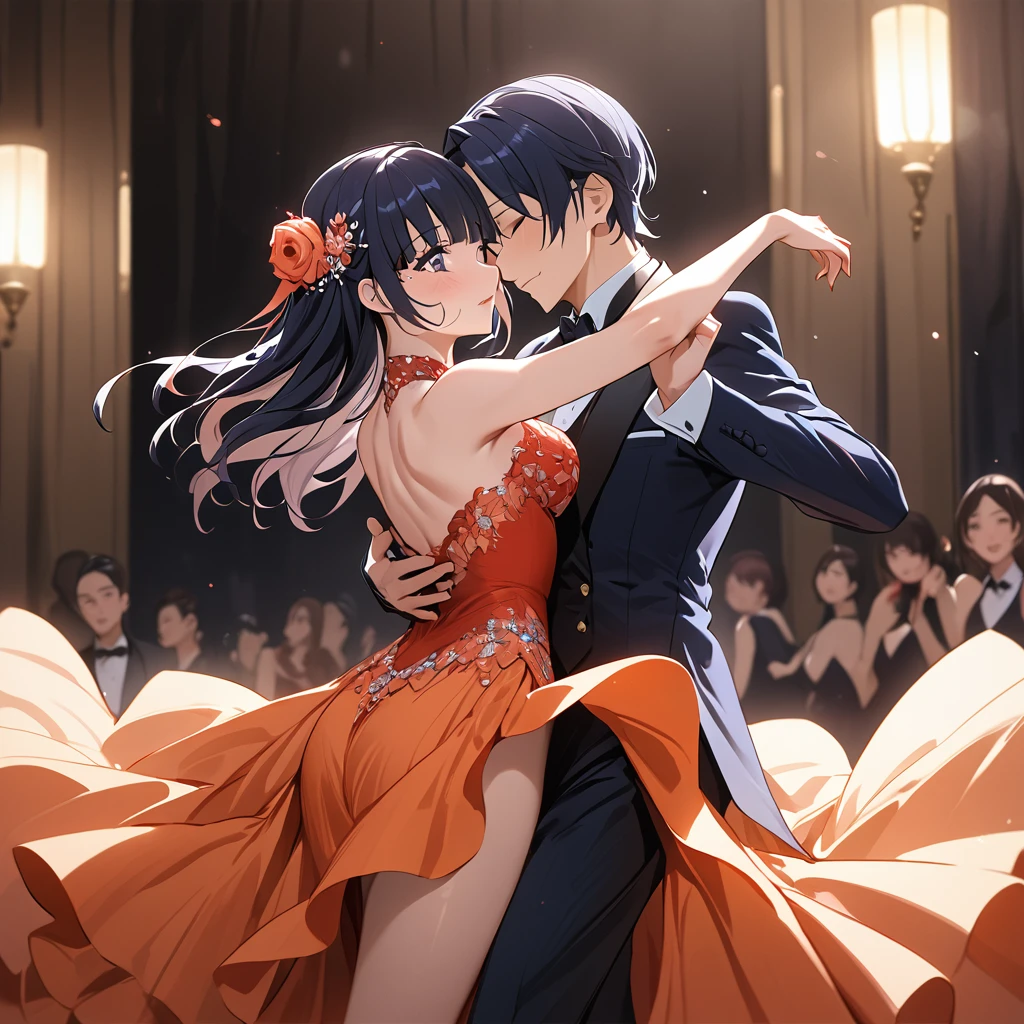 ((Highest quality)), ((masterpiece)), (detailed), (Perfect Face)、The woman is Reika Aoki with semi-long hair、A woman is dancing tango passionately in a beautiful gorgeous tango costume