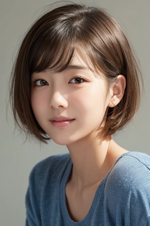 masterpiece, (photo realistic:1.2),才, young girl, puffy face, (broad jawline:1.2), shiny skin, detailed skin, no makeup, messy hair, short Bob Cut, front view , close-up, from bottom, laugh out loud ,wink