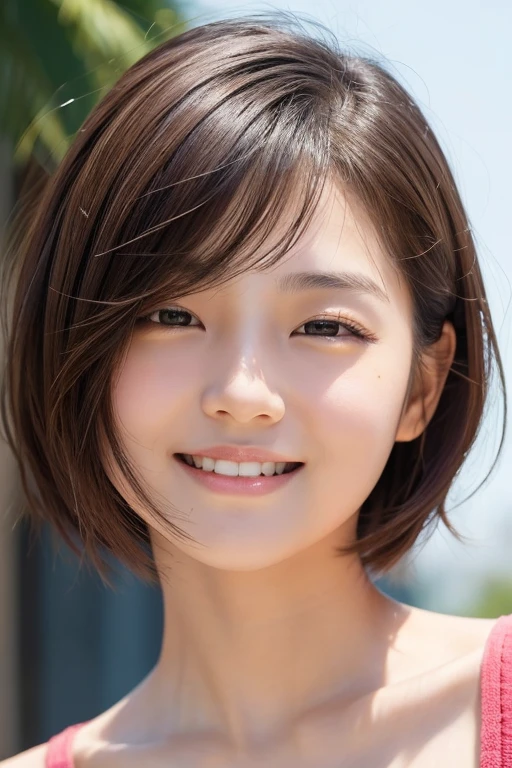 masterpiece, (photo realistic:1.2),14才, young girl, puffy face, (broad jawline:1.2), shiny skin, detailed skin, no makeup, messy hair, short Bob Cut, front view , close-up, from bottom, laugh out loud ,wink