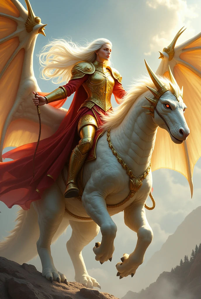 Paladin in gold and red armor with long white hair flying on top of a white dragon with white and gold wings and blue eyes