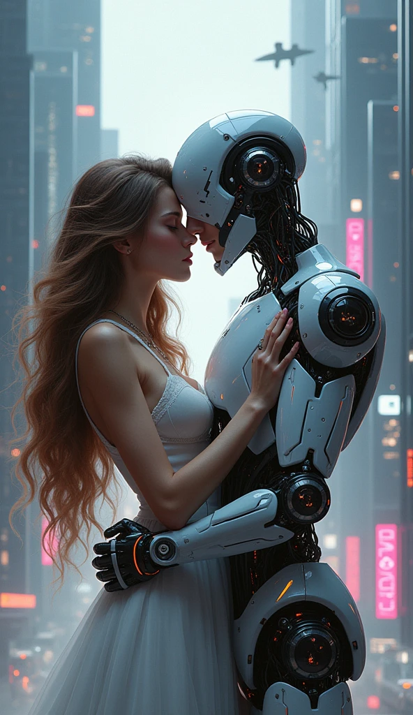 Anime couple hugging in a futuristic city, Written by Lu Ji, Warlop Painting Style, art of Wlop, From wlop, by Tandy, アーバンファンタジーRomanceの本の表紙, Uropa Art, By An Zhengwen, cgsociety 9, by Li Di, by Yao Tingmei, Artgerm and Ilya Kusinov, Sleep with love、A beautiful, long-haired, human-like robot man and a human woman making love、Romance
