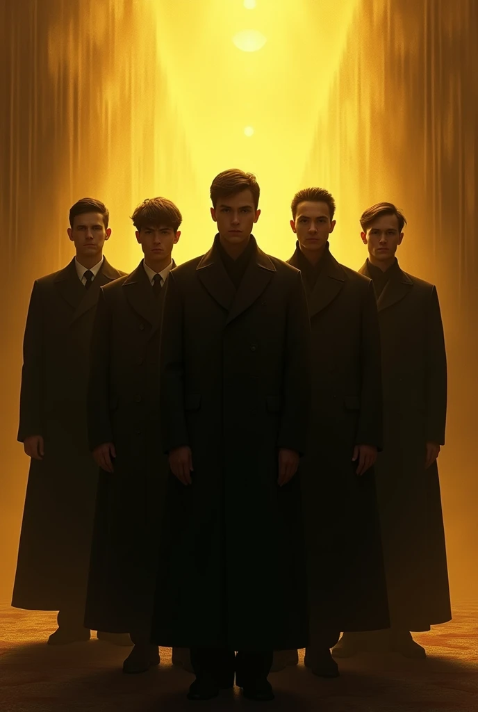A group of man consisting by 6 people wearing a black coat. Color the background with gold
