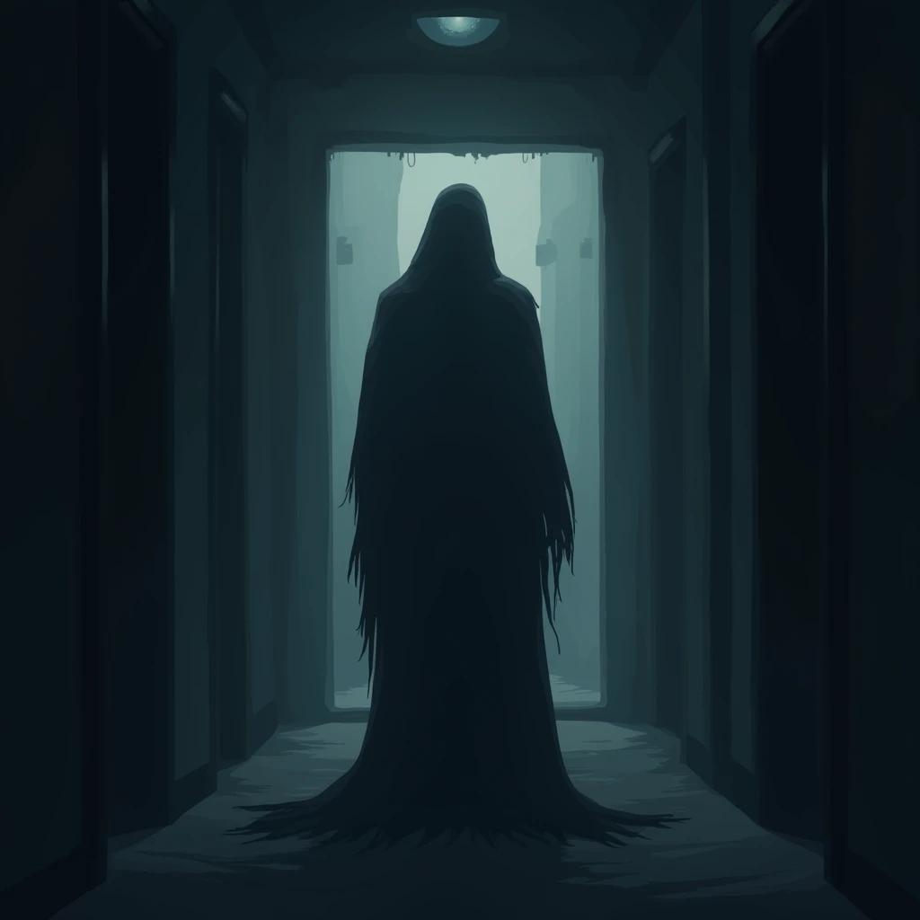 a shadowy figure, shaped like a man, remains motionless like a statue in front of a door. Lighting is scarce, only a few flickering lights at the end of the hallway cast a faint, uneven glow, making the scene even more disturbing. cel shadow, although inert, exudes an oppressive presence, as if waiting for something. Its contours are vague, almost merging with the surrounding darkness, but there is a cold aura that seems to emanate from her, making the air heavy and difficult to breathe. The silence in the environment is absolute, amplifying the growing sense of dread.