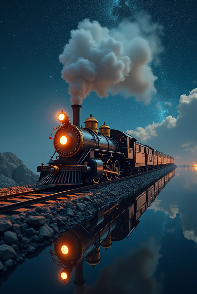 Absurd, High resolution, Super detailed, beautiful, masterpiece, Highest quality、reflection、Realな質感、Realistic、Real、Realistic、Blur、steam locomotive、Running along the tracks、Spiral track、Night Sky、