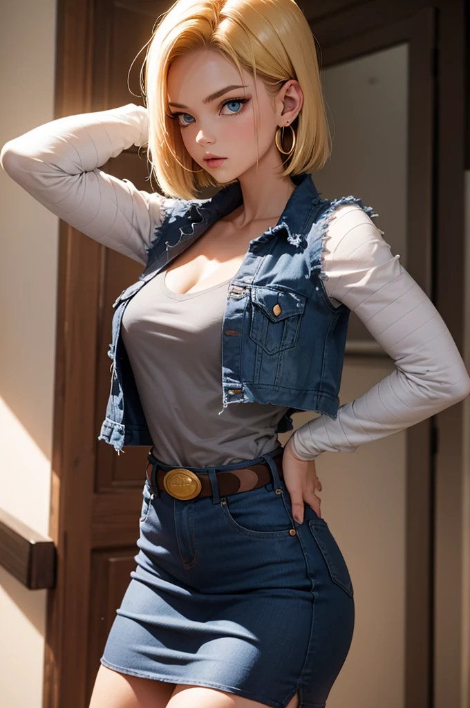 1girl,arms behind head,   android 18, blonde hair, blue eyes, eyelashes, hoop earrings, short hair, earrings, belt, black legwear, black shirt, breast pocket, cleavage, collarbone, denim, denim skirt, high-waist skirt, jewelry, long sleeves, pocket, shirt, shirt tucked in, skirt, striped, striped sleeves, waistcoat,,