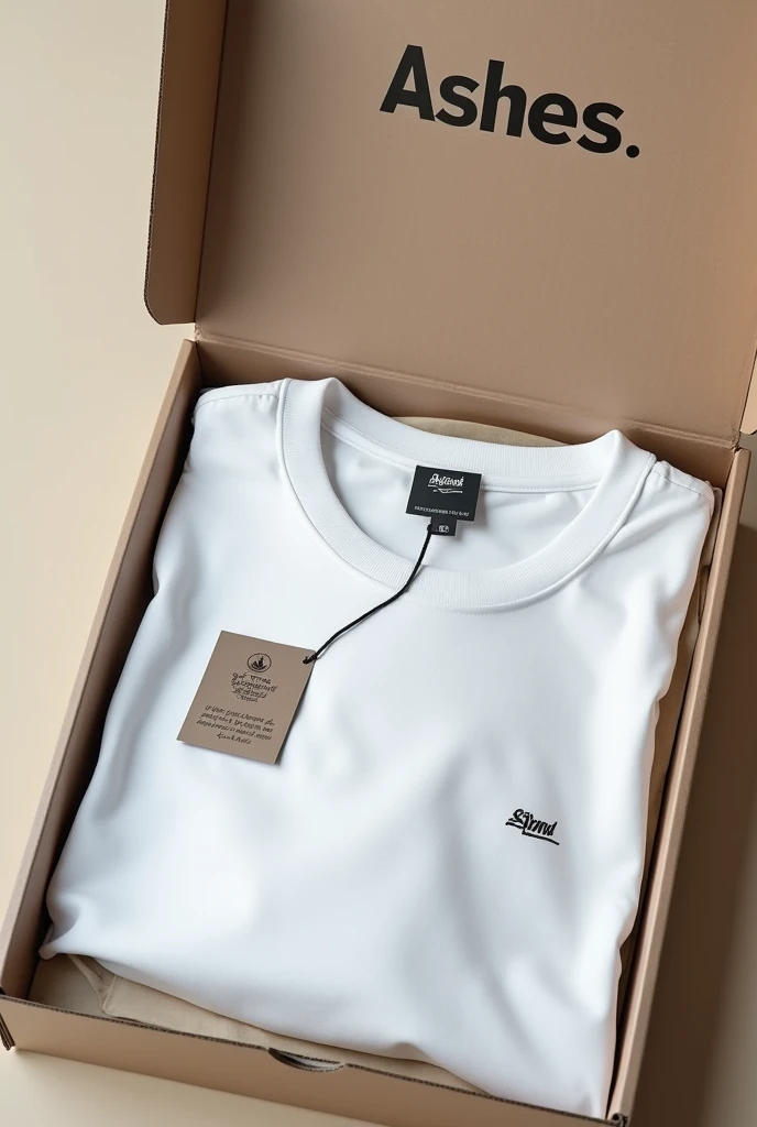 Unboxing a white ashes shirt in a small flat box having the logo on top inside the box is the shirt with tags on it and inside is a small mabale flat piece 5cm by 5cm having the logo and a scripture on it