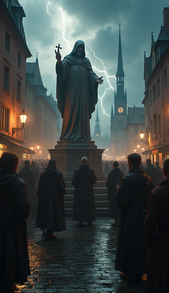 Close-up shot, Low angle shot, (A dramatic image of Strasbourg in turmoil, with the streets filled with dancing people and onlookers running in fear. The sky is dark and stormy, with lightning illuminating the scene, adding to the sense of dread. In the foreground, a group of townspeople and a priest gather around a statue of a saint, holding rosaries and praying desperately. The background shows the town hall and church, with bells ringing out in warning, but the sense of impending doom hangs heavily in the air.) unreal engine, cinematic, hyper-real, highly detailed, hyper-realistic, ultra realistic HD --q 2 --v 6.1 --ar 9:16  