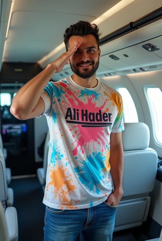 Here's a promotional script based on your request:

[Scene: Inside a sleek, modern aircraft. You're seated comfortably, wearing a bright red paint-splattered shirt with your name "Ali Haider" boldly printed on it. The aircraft's interior is spotless, and your name "Ali Haider" is also prominently displayed on the side of the plane.]

You: [standing up and giving a sharp salute] "Attention everyone! I'm Ali Haider, and I'm taking this flight to new heights!"

[You walk over to the window and give a thumbs-up to the camera, with the plane's name "Ali Haider" visible behind you.]

You: [smiling confidently] "Get ready for takeoff with me! We're going to soar to new heights and make this journey unforgettable!"

[Scene: Outside the plane, the camera pans up to show the plane's name "Ali Haider" emblazoned on the side, with you visible through the window, giving a salute and a smile.]

Voiceover: "Join Ali Haider on this epic journey! Buckle up and get ready for liftoff!"

Let me know if you'd like me to make any changes!