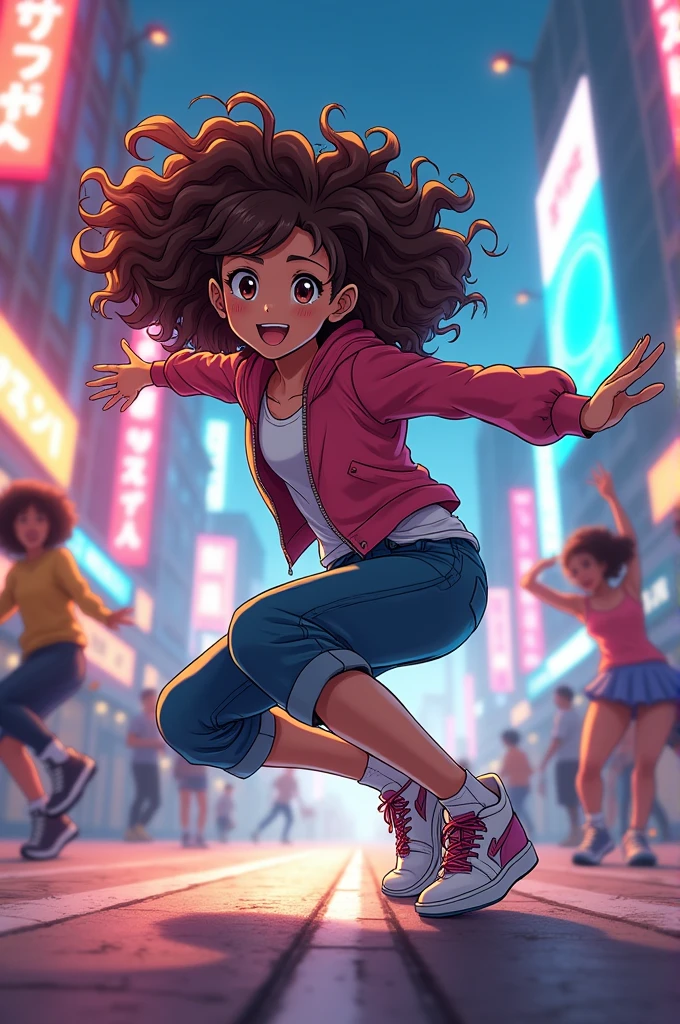Anime style drawing of a girl with curly brown hair dancing break dance