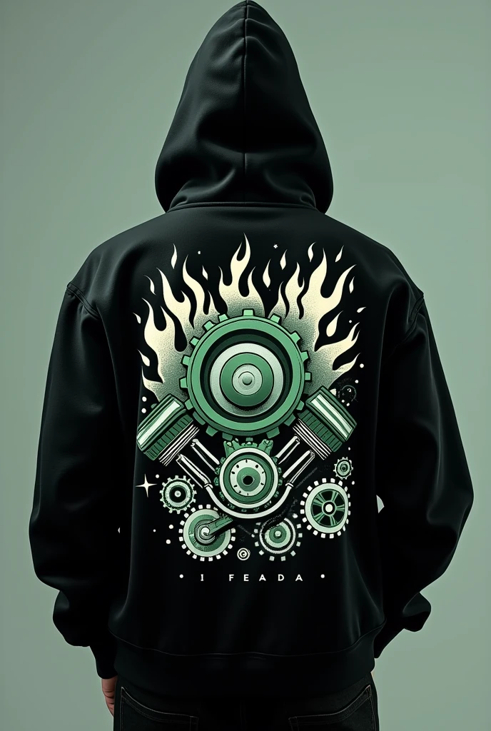 Back of a black oversized hoodie, with a cartoon-style print featuring engine pistons, fire and gears in white, green and gray starting from a gear in the center with the writings: mechanical engineering and UTFPR.  