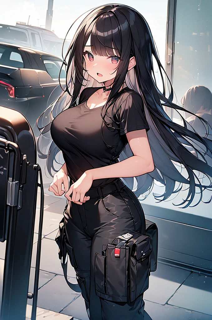 (Masterpiece, Top quality:1.5), (1 beautiful girl:1.2), (big eyes:1.2), (cargo pants:1.2),  (black hair:1.2), long Hair, straight Hair, asymmetry bangs, swept bangs, (large breasts:1.2), 20 year old, shy:1.3, blush:1.3, beautiful scene of station, open mouth, dynamic pose, dynamic angle