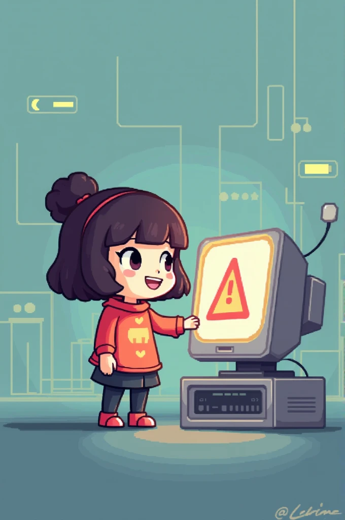 a cute female pixel character using a computer showing a warning sign