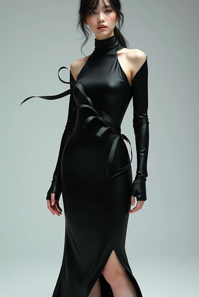 masterpiece, Best Quality, hyper Realistic, A mysterious and sophisticated beautiful young gravure Japanese woman with blue eyes wears futuristic and sexy fashion art. Create an image of a sophisticated black dress designed for a formal setting. The dress should have a sleek, body-hugging silhouette that reaches the knees. The material should be a shiny, luxurious fabric like satin or silk, giving the dress an elegant sheen. The dress should feature decorative ribbon-like elements made from the same material, randomly placed across the dress to add texture and movement.
The neckline should be high, covering the collarbone, while the shoulders are exposed, adding a touch of modernity to the classic design. The model in the image should wear pointed black high heels to elongate the legs and complement the dress. The background should be simple and clean, allowing the focus to remain on the dress’s design and details. Ensure the overall aesthetic is refined and chic, suitable for a fashion lookbook or an online store display.
This description should guide the AI to generate an accurate representation of the outfit while highlighting the key design elements.